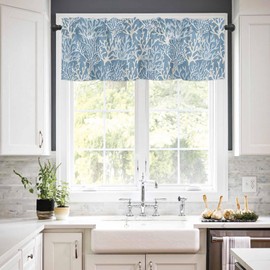 Anzona Curtain Valance 42" x 12", Blue Coral Coastal Window Valances Rod Pocket Curtains Drapes, Ocean Nautical Seaside Beach Short Topper Curtain for Kitchen Cafe Living Room, 1 Panel