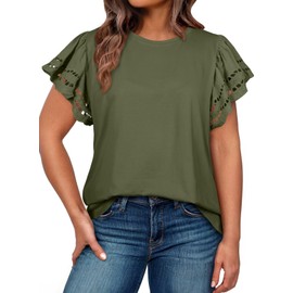 Eytino Womens Plus Size Casual Summer Round Neck Hollow Out Ruffle Short Sleeve T Shirts Tops,2X Army Green