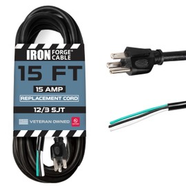 Iron Forge Cable 12 AWG Replacement Power Cord with Open End - 15 Ft Black Extension Cable, 12/3 SJT, NEMA 5-15P