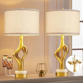 26” Modern Table Lamp Set of 2 for Living Room Bedroom, Gold Sculptural Table Lamp with 2 USB Ports, Resin Desk Lamps Marble Base with Double Pull Chains for Bedside End Tables, Bulb Included