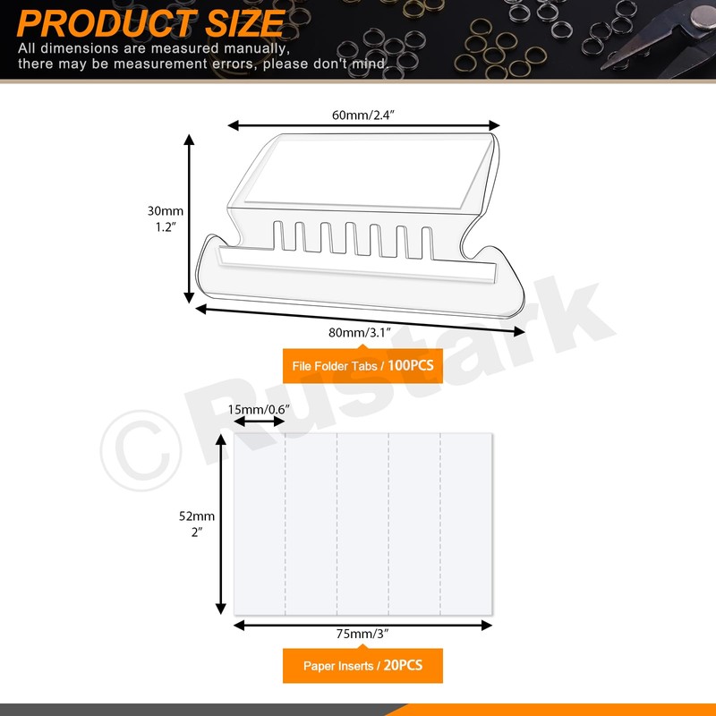 Rustark 100Pcs 2 Inch Hanging File Folder Tabs with Inserts,