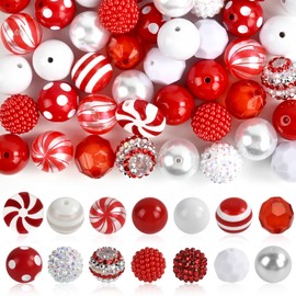 Pack of 50 Christmas Beads 20 mm, Beads Christmas Set with Hole, Beads Crafts Christmas, Bubblegum Beads, Bracelet Beads, Christmas, Acrylic Beads for Bracelet Pendants DIY (Red & Green)