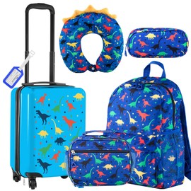 Redbaker 6 Pcs Kids Luggage Set 17 Inch Kids Rolling Luggage Double Pattern Suitcase for Girls Boys Christmas Gift(Dark Blue,Dinosaur Style)