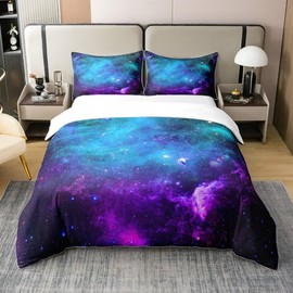 Galaxy 100% Cotton Duvet Cover Teal Blue Purple Starry Sky Bedding Set 135 x 200 cm Universe Outer Space Comforter Cover for Boys Girls Teenagers Cosmic Stars Bed Sets with 1 Pillowcase