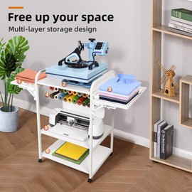 Prime Vinyl 3 Tier Movable Heat Press Table for Cricut with Vinyl Roll Holders, Heat Press Stand for DIY Craft Table, Heat Press Machine with Folding Shelf
