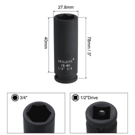 QUARKZMAN 3/4" SAE Deep Impact Socket 1/2" Drive 6 Point Design CR-MO Steel Nut Impact Resistant Socket for Car Repair