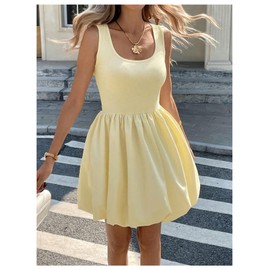SOLY HUX Women's Bubble Dress Scoop Neck Sleeveless A Line Summer Short Dresses Solid Yellow Medium