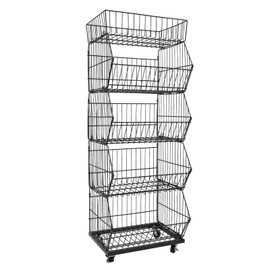 GDAE10 5 Tier Retail Display Rack,with 4 Wheels,Black Metal Wire Display Shelf Cart for Supermarket and Home Kitchen,Free Standing Snack Candy Display Rack