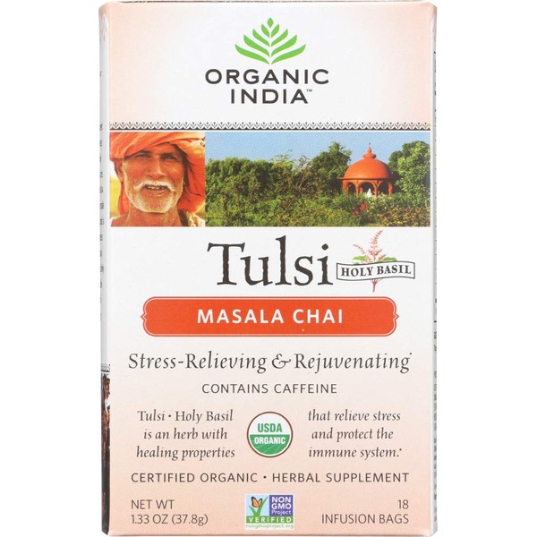 Organic India Tulsi Red Chai Masala Herbal Tea - Stress Relieving & Enlivening, Immune Support, Vegan, USDA Certified Organic, Black Tea, Antioxidant, Caffeinated - 18 Infusion Bags, 1 Pack