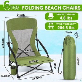 Menkxi 6 Packs Low Beach Chairs Portable Folding Camping Chairs for Adults With Cup Holder & Carry Bag Low Back Travel Beach Chair Compact Beach Chairs Lightweight Low Profile Lawn Chairs for Concerts