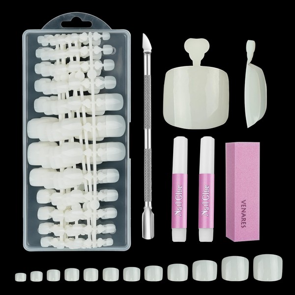 False Toenails Kit, Venares 240 Pieces Artificial Toenails for Sticking, 12 Sizes, Full Cover Acrylic Artificial Toenail Tips (Natural)