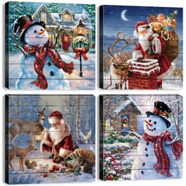 Christmas Wall Art Snowman Wall Decor Santa Claus Canvas Christmas Pictures Home Decorations Red Watercolor Deer Painting for Living Room Bedroom Xmas Party Winter Cottage Artworks Gifts 12x12" 4 Pcs