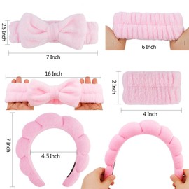 Spa Headbands for Washing Face, 4Pcs Headband for Women Makeup, Skincare Headbands Remover Spa Headband Bow Tie Headband Wristband Set Hair Accessories(Pink)