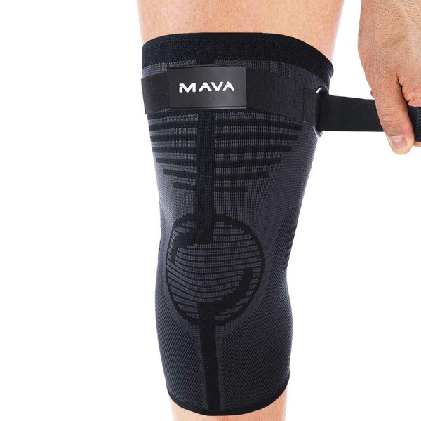 Mava Knee Sleeve - Knee Support With ADJUSTABLE STRAP -DOES NOT ROLL DOWN- Compression Knee Brace for Men & Women -Weightlifting, Running, Workout, ACL - Pain Relief - CHECK SIZING CHART - ONE PIECE