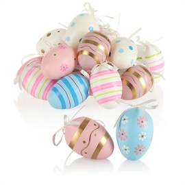 com-four® 18 x Easter Eggs for Hanging, Colourful Easter Eggs with Pattern, Hanging Decoration Made of Plastic for the Easter Bouquet, Pink, Blue, White