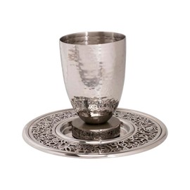 Yair Emanuel Hammered Kiddush Cup for Shabbat - Stainless Steel Ceramic Base with Matching Filigree Saucer – Modern Elegant Jewish Shabbat and Holiday Wine Goblet Set - Judaica Gift (Dark Green CAD-3)