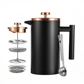 Meelio Black French Press Stainless Steel 34oz, Double Wall Insulated Coffee Press 1L for travel camping with 2 Extra Filter Screens and 1 Coffee Spoon（8cup 1000ml）