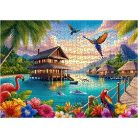 crowm Jigsaw Puzzle for Adults and Families 1000 Piece, Beach Landscape Scenic Puzzle for Game Nights Animal Birds Parrot Flamingos Dolphins Puzzle Sea Scenic Challenging Gift
