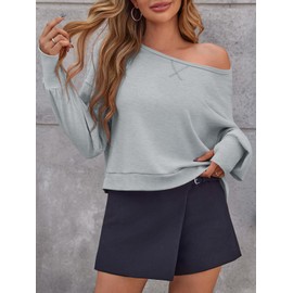 Fisoew Womens Off The Shoulder Crop Tops Casual Long Sleeve Oversized Fall Pullover Sweatshirts Grey