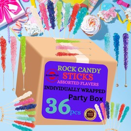 Premium Rock Candy Sticks - 36 pcs Assorted Individually Wrapped - Mix Flavors - for Party, Birthdays, Weddings, Receptions, Baby Showers, Candy Buffet & Decorations