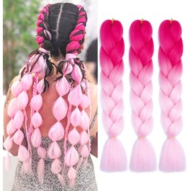 Raheem Pack of 3 Jumbo Braids Hair 24 Inch Braided Hair Extensions, Braided Hair Extensions with 3 Crochet Hooks, Fashionable Synthetic Hair for Braiding Hair (Red Pink)