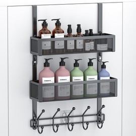 Aimeaihe Adjustable Over The Door Hooks Organizer, Door Hanger Coat Rack with 2 Mesh Baskets and 10 Hooks, Back of Door Storage Organizer for Bedroom,Bathroom,Kitchen (Black)