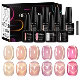 MEET ACROSS Jelly Pink Cat Eye Gel Nail Polish 6 Colors Nail Polish with Magnet, Translucent Pink Gold UV Gel Polish 9PCS