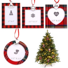 Fovths 4 Pieces Christmas Picture Frame Ornaments Xmas Gifts Pendant ​Photo Frame Insert with Christmas Tree, Snowflake, Loving Heart and Christmas Sock Hanging Christmas Tree Decor, Mixed Colors