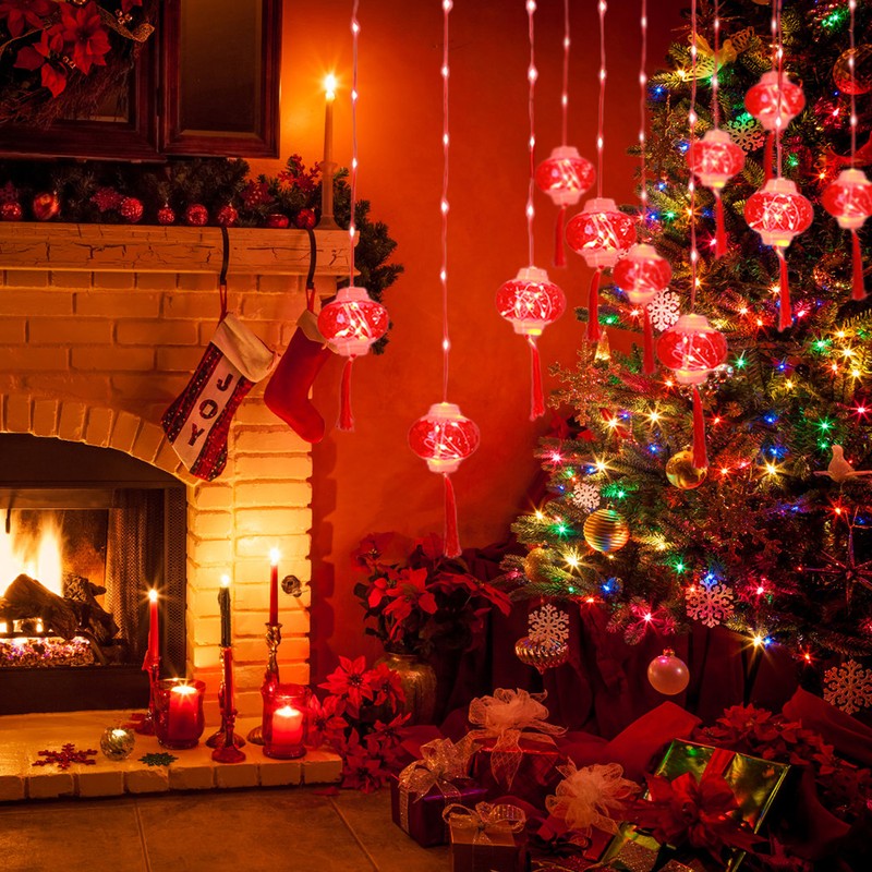 Chinese New Year Red Lantern Curtain Lights LED Spring Festival