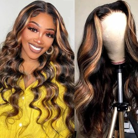 haha Balayage Highlight Lace Front Wig Human Hair 13x4 Body Wave Frontal Wig Honey Brown Ombre Lace Front Wig Pre Plucked Glueless For Women Black Honey Blonde 150% Density 28 Inch #FB30