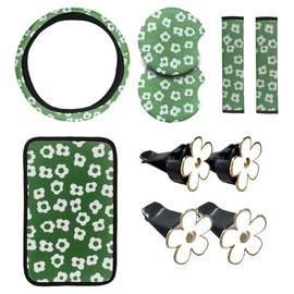 10Pcs Cute Flower Car Accessories Set, Includes Floral Steering Wheel Cover, Seat Belt Covers, Daisy Air Vent Clips, Center Console Armrest Cushion, Cup Coasters for Women Decoration (Green)
