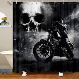 Black Motorcycle Rider Shower Curtain Gray Skull and Mist Decor Bath Curtain Extreme Sport for Boys Teens Men Microfiber Waterproof Fabric with Hooks for Stalls Bathtubs Bathroom, 72Wx84L inch