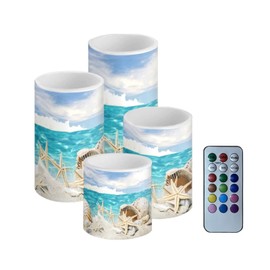 NETILGEN LED Flickering Candles Battery Operated Candles Set of 4 with Remote Control Timer Dancing Flame Pillar Candles Home Table Coastal Decoration, Beach Sky with Starfish