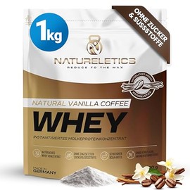 NATURELETICS Vanilla Coffee Whey Protein Unsweetened without Sweeteners and Added Sugar, Natural Premium Protein Powder, 1 kg without Aspartame & Sucralose, Low Carb, High BCAA Content, Made in Germany