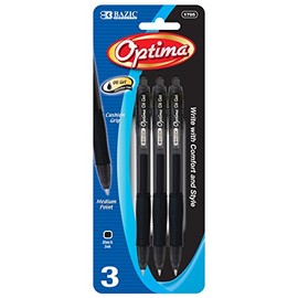 BAZIC Optima Black Retractable Oil-Gel Pen w/Grip (3/Pack)