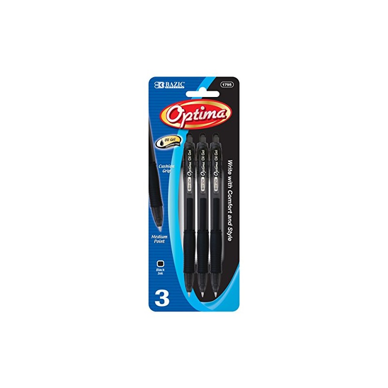 BAZIC Optima Black Retractable Oil-Gel Pen w/Grip (3/Pack)