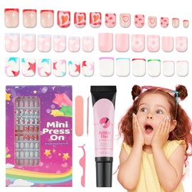 130PCS Press on Nails for Kids, TOROKOM Cute Kids Fake Nails Heart Star Kid Glue on Nail Short Square False Nail Gift for Girls Children 8-12 Age with Nail Adhesive Tab & Quick-dry Nail Glue (5 Pack)