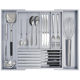 Bamboo Kitchen Silverware Drawer Organizer - Expandable Wood Utensil Holder with Dividers, Luxury Cutlery Storage Tray for Kitchen Utensil and Flatware (5-7 Slots with Removable Knife Block, Grey)