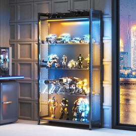AODK Display Case with LED Lights, Display Cabinet with Glass Storage Shelves, 4-Tier Display Shelf for Collectibles, Curio Cabinet, Black