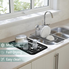 Dish Drying Mat for Kitchen Counter 2 Pack with Non-Slip Rubber Backing - Heat-Resistant Absorbent Coffee Bar Mat, Dish Rack Mat, Black Kitchen Dish Drying Mats 18x24+19.5x12 inch