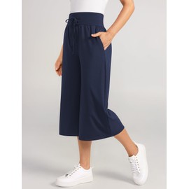 TARSE Wide Leg Capris High Waisted Cropped Palazzo Pants Culottes for Women with Pockets Summer Navy