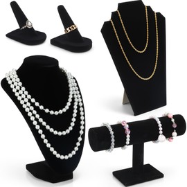 Leinuosen 5 Pcs Velvet Jewelry Display Set for V-shaped and Flat Necklace Bust Stand Ring Finger Holder T Shape Bracelet Stand