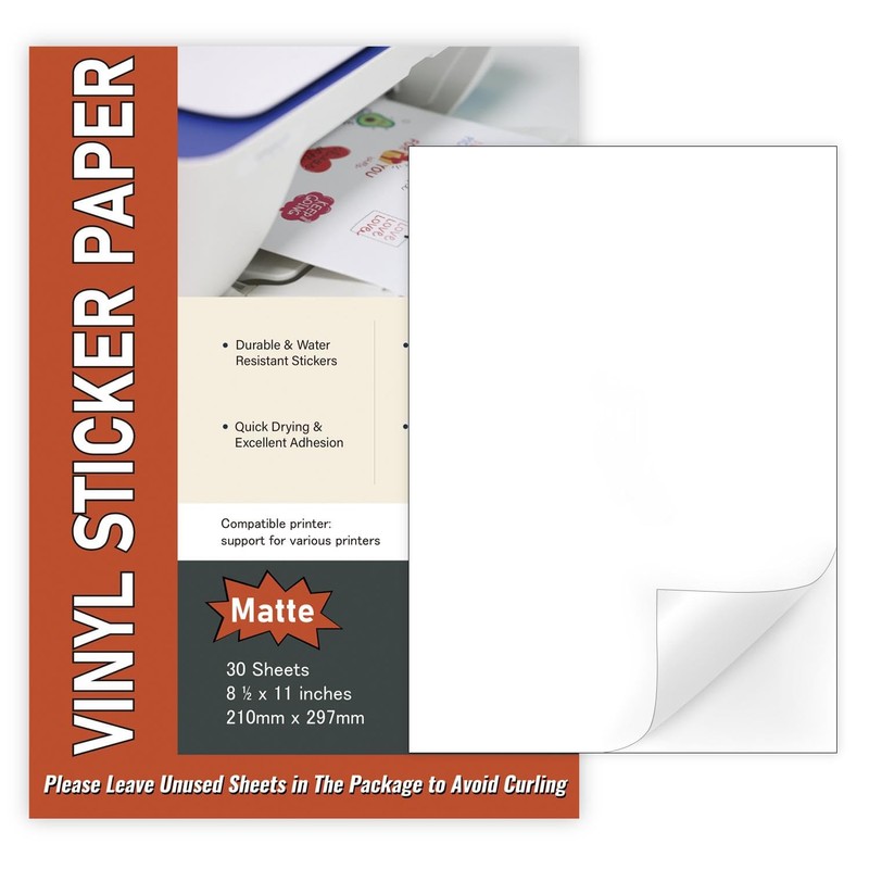 30 Sheets A4 Sticker Paper, Printable Not Waterproof Matte Vinyl