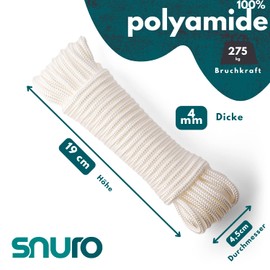 SNURO Nylon Rope (4 mm, 20 m, White) - Paracord Cord with Strong Nylon Material - Tear-Resistant Paracord Cord - Tear-Resistant and Lightweight
