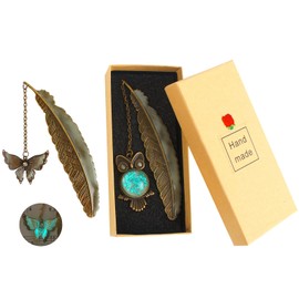 Boisbresil Pack of 2 Feather Bookmarks Metal with Butterfly Pendant, Fluorescent Bookmarks, Owl Bookmarks, Vintage Feather Shaped Bookmarks with Beautiful Box, Bookmarks, Simple for Readers, Gift