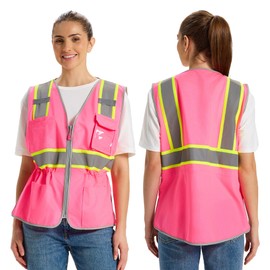 Hi Vis Chaleco de seguridad para mujer, chaleco de construcción con cordón en la cintura con bolsillos y cierre, chaleco de seguridad para mujer, ANSI tipo R Class2