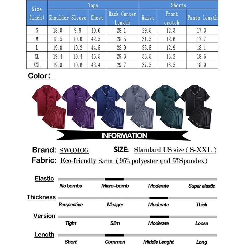 SWOMOG Men Satin Silk Pajamas Sets Short Sleeve Sleepwear Button-Down