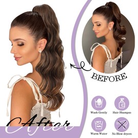 Ms Taj Ponytail Extensions, 66 cm with Drawstring, Light Reddish Brown, Curly Wavy Clip-In Ponytail Hair Extensions, Layered Synthetic Hairpiece for Women