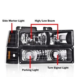 PIT66 Headlight Assembly, Compatible with 1994-1998 Chevy C10 C/K 1500 2500 3500 Fit 94-99 Chevy Tahoe Suburban w/Turn Signal Lamps Bumper Lights Corner Lamps Clear Lens Amber Reflector