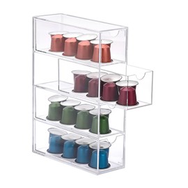 IGNPION 1pc Acrylic Coffee Pods Storage Box with 4 Drawer, Clear Kitchen Coffee Capsules and Tea Bag Holder with Lid, Stackable Small Desktop Organiser Drawer for Office, Batheroom, Dresser